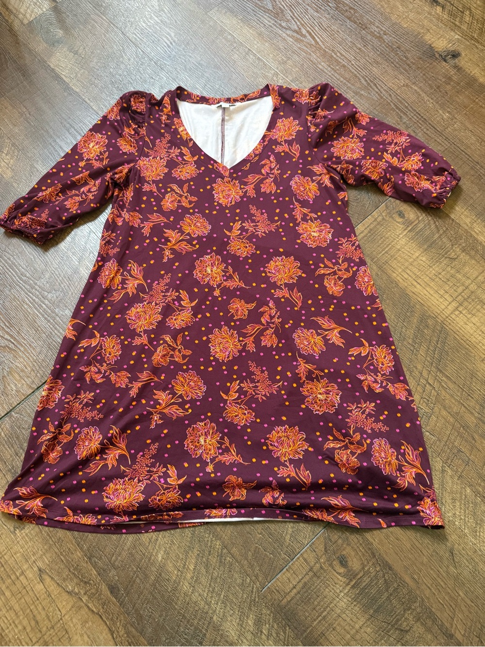 The Pioneer Woman Burgundy Floral V-Neck Casual Dress with Orange Accents